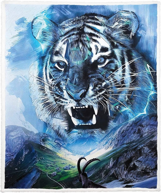 Koc Narzuta Polarowy Miękki z motywem tygrysa Kolor Niebieski 125 x 150 cm