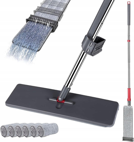 Mop płaski System wyciskania do mycia podłóg 6 Nakładek 130cm Szary