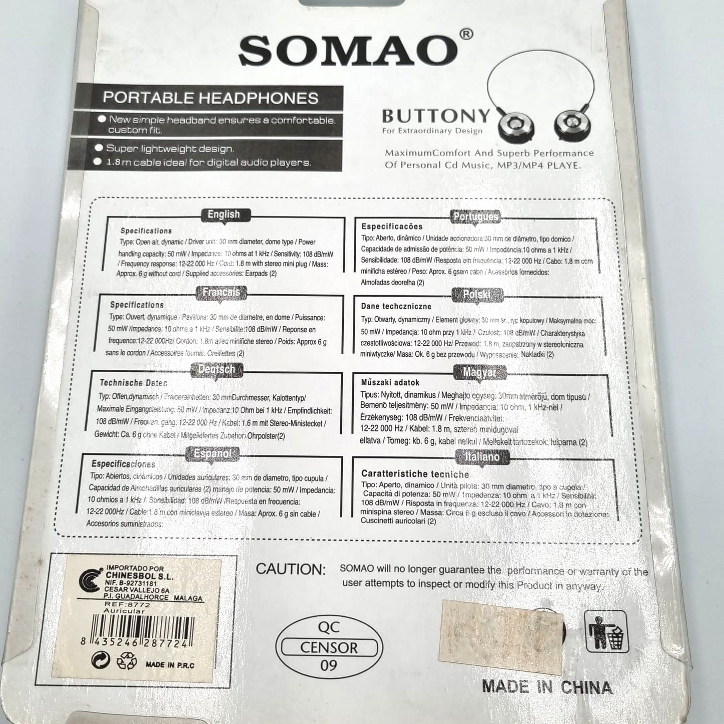 Słuchawki nauszne SOMAO SM-102 Stereo 1.8m lekkie piankowe