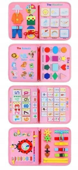 Tablica manipulacyjna książeczka sensoryczna Montessori edukacyjna różowa