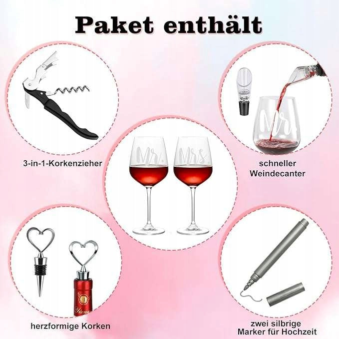 Kieliszki do wina dla pana i pani 460ml Zestaw korkociąg 3w1 korek 2 szt