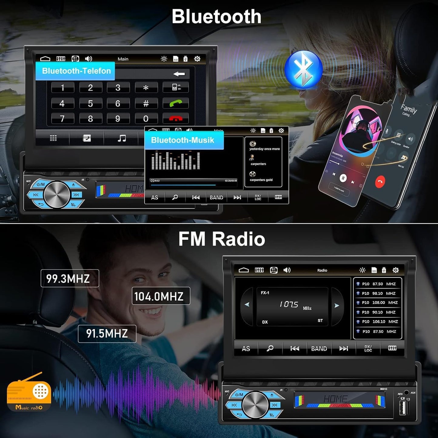 Radio samochodowe AndAuto MP5-C-PLAY 1DIN z wysuwanym ekranem dotykowym