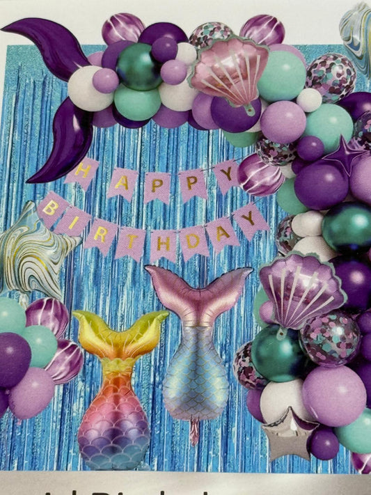 Zestaw dekoracji urodzinowych Syrenka – balony, tło, pompka, baner