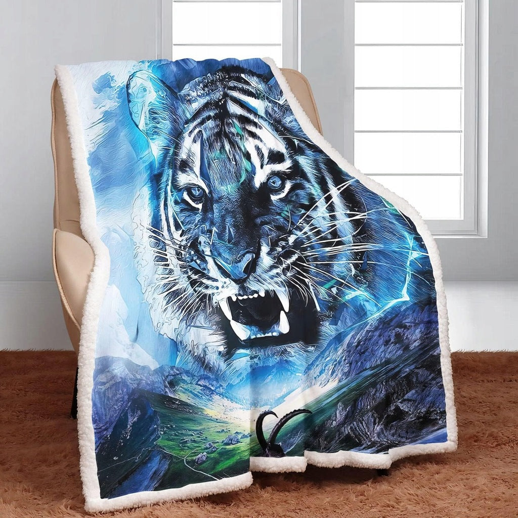 Koc Narzuta Polarowy Miękki z motywem tygrysa Kolor Niebieski 125 x 150 cm