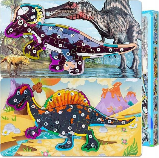 ZABAWKA PUZZLE 3D DINOZAURY DREWNIANE DLA DZIECI DO NAUKI LITER I CYFR