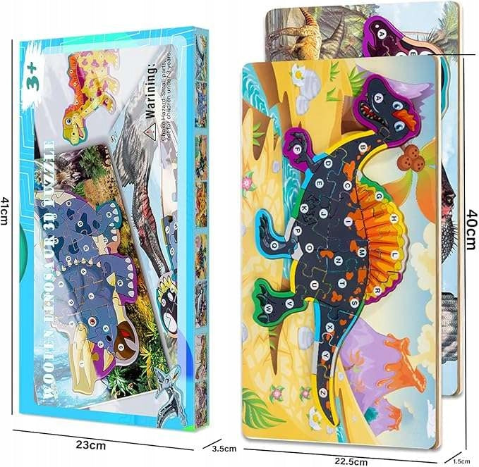 ZABAWKA PUZZLE 3D DINOZAURY DREWNIANE DLA DZIECI DO NAUKI LITER I CYFR