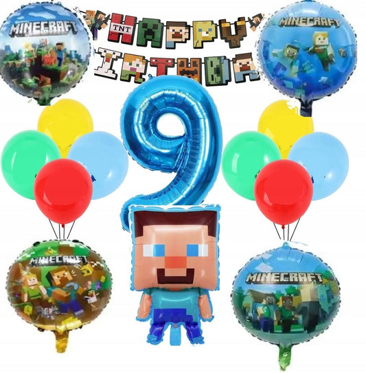Balony urodzinowe dekoracja na 9 urodziny motyw Minecraft 15 elementów