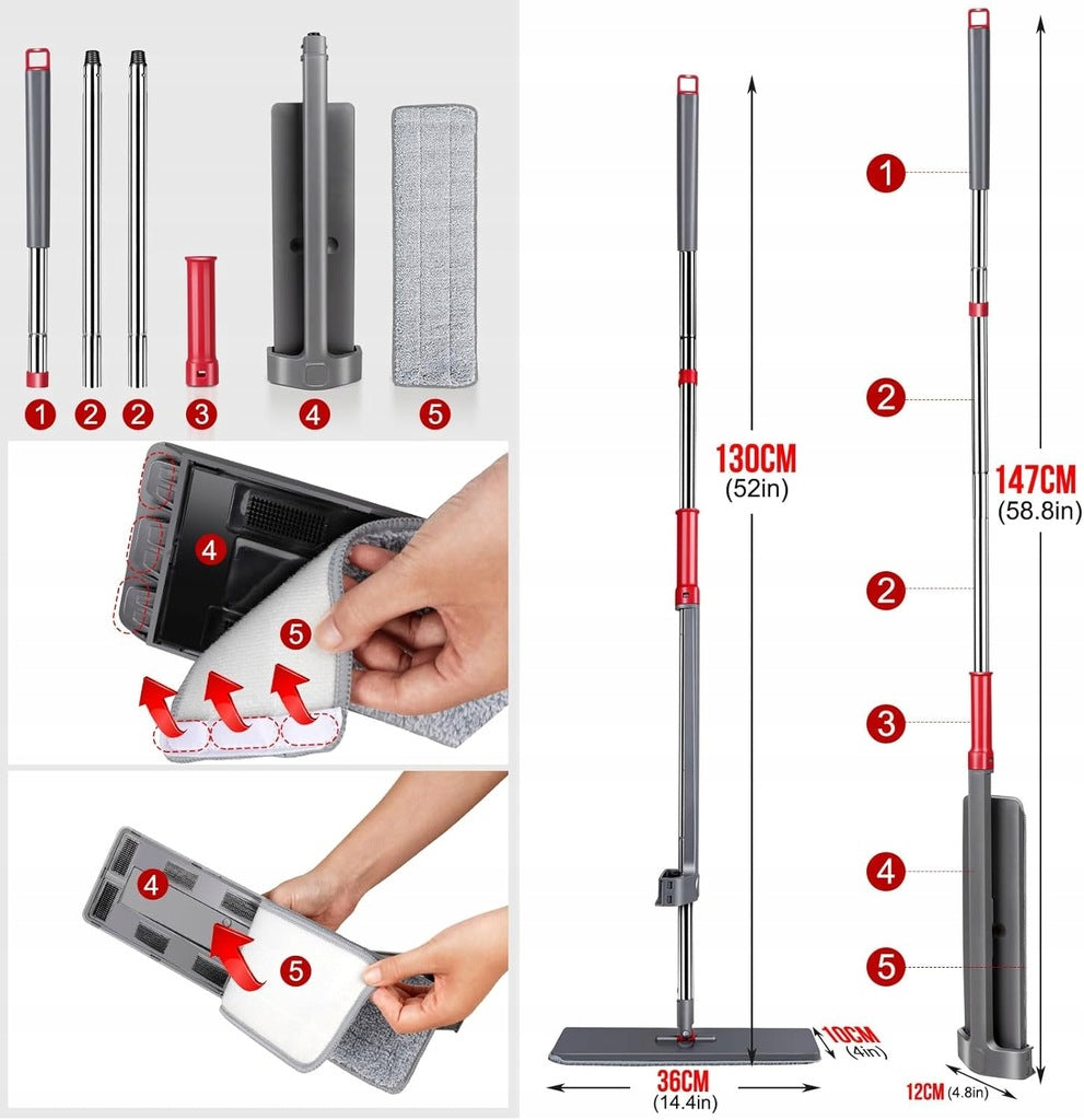 Mop płaski System wyciskania do mycia podłóg 6 Nakładek 130cm Szary