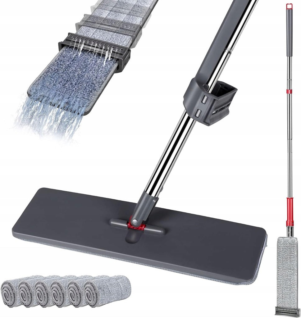 Mop płaski System wyciskania do mycia podłóg 6 Nakładek 130cm Szary