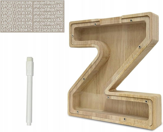 Skarbonka drewniana przezroczysta litera Z do personalizacji naklejki A-Z