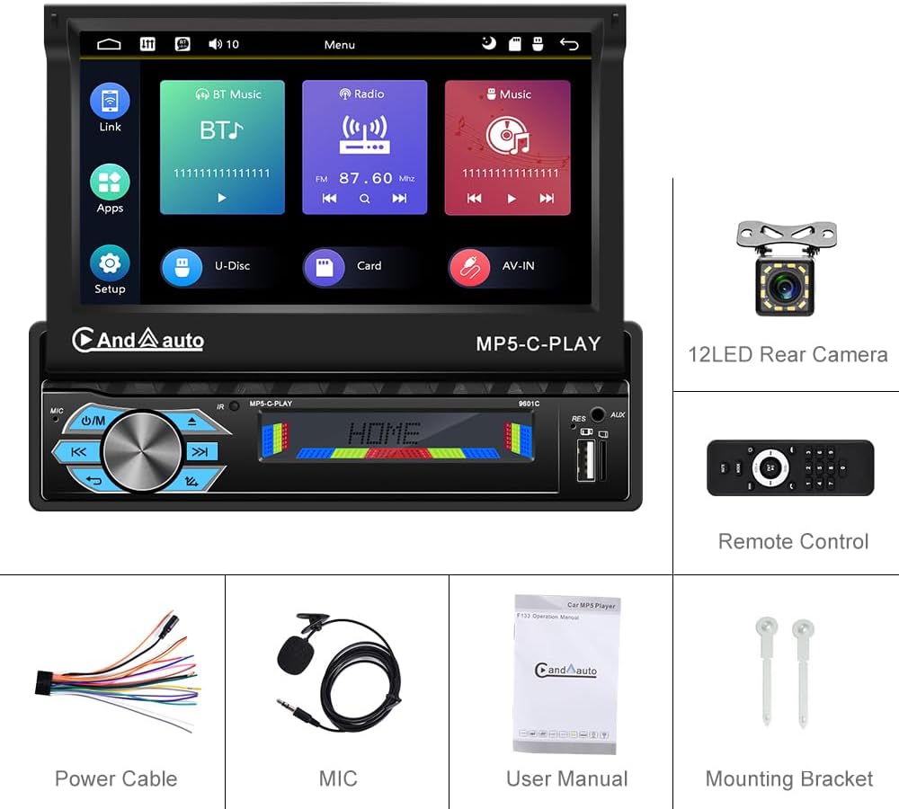 Radio samochodowe AndAuto MP5-C-PLAY 1DIN z wysuwanym ekranem dotykowym
