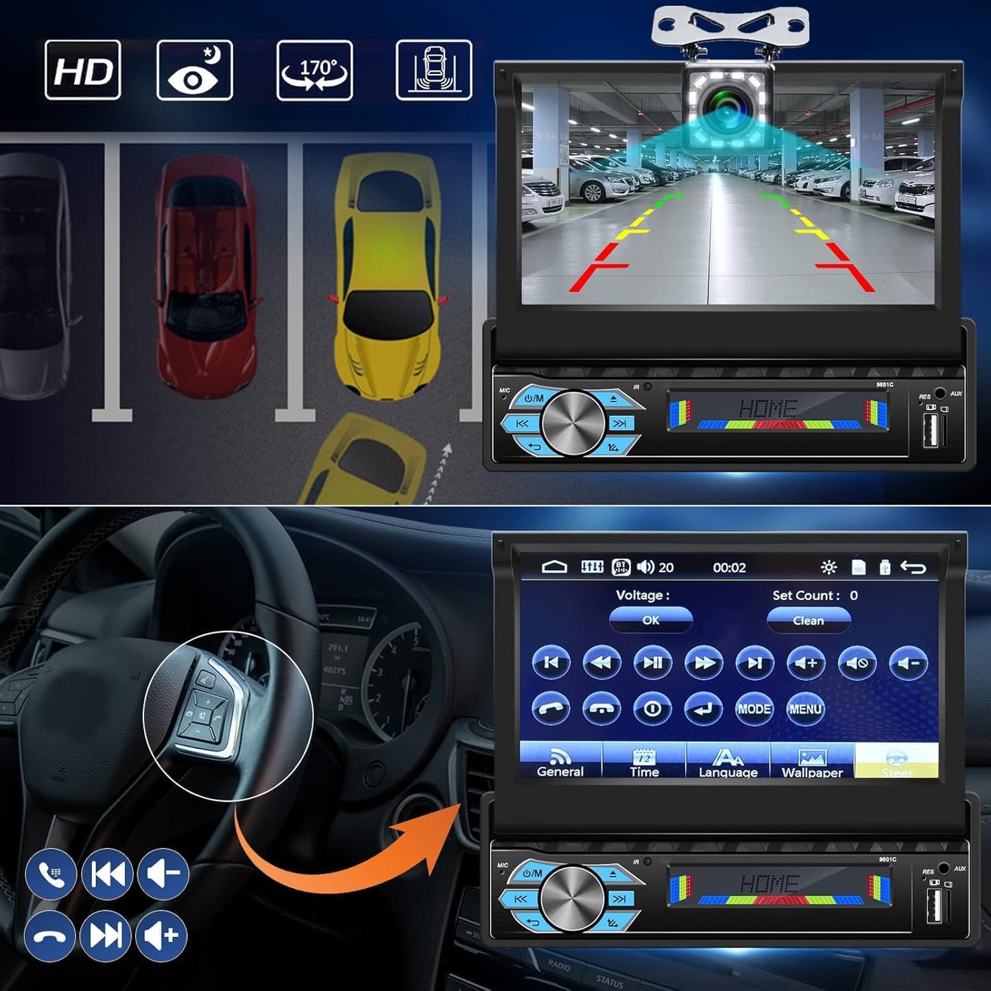 Radio samochodowe AndAuto MP5-C-PLAY 1DIN z wysuwanym ekranem dotykowym