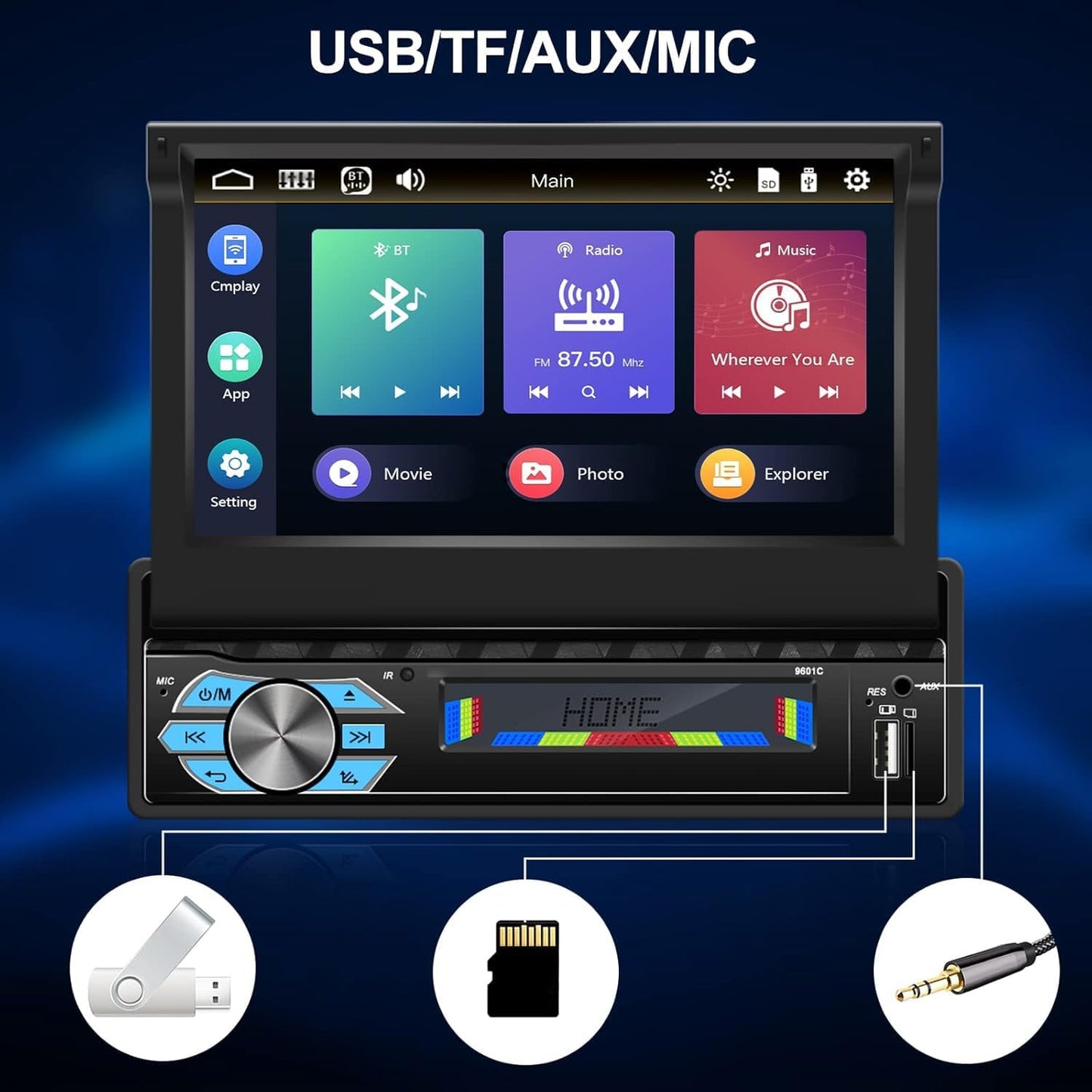 Radio samochodowe AndAuto MP5-C-PLAY 1DIN z wysuwanym ekranem dotykowym