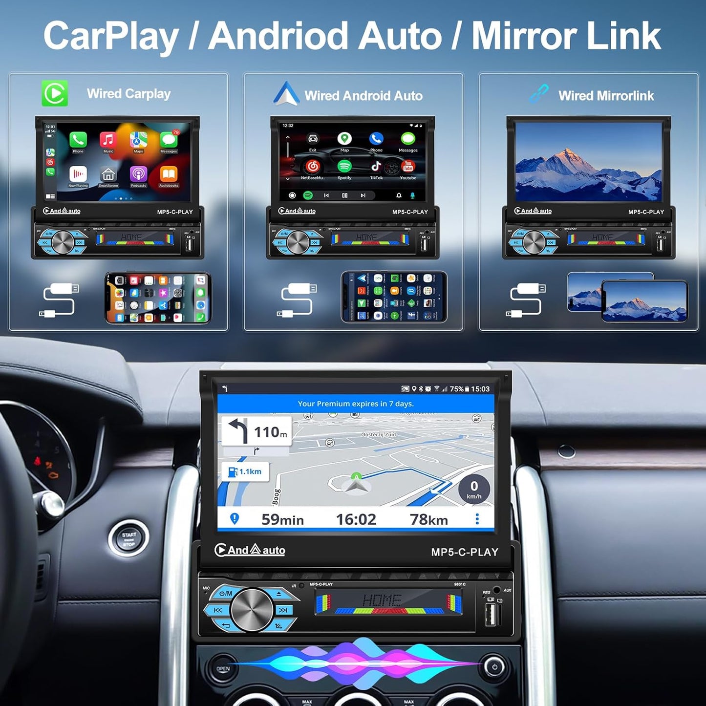 Radio samochodowe AndAuto MP5-C-PLAY 1DIN z wysuwanym ekranem dotykowym